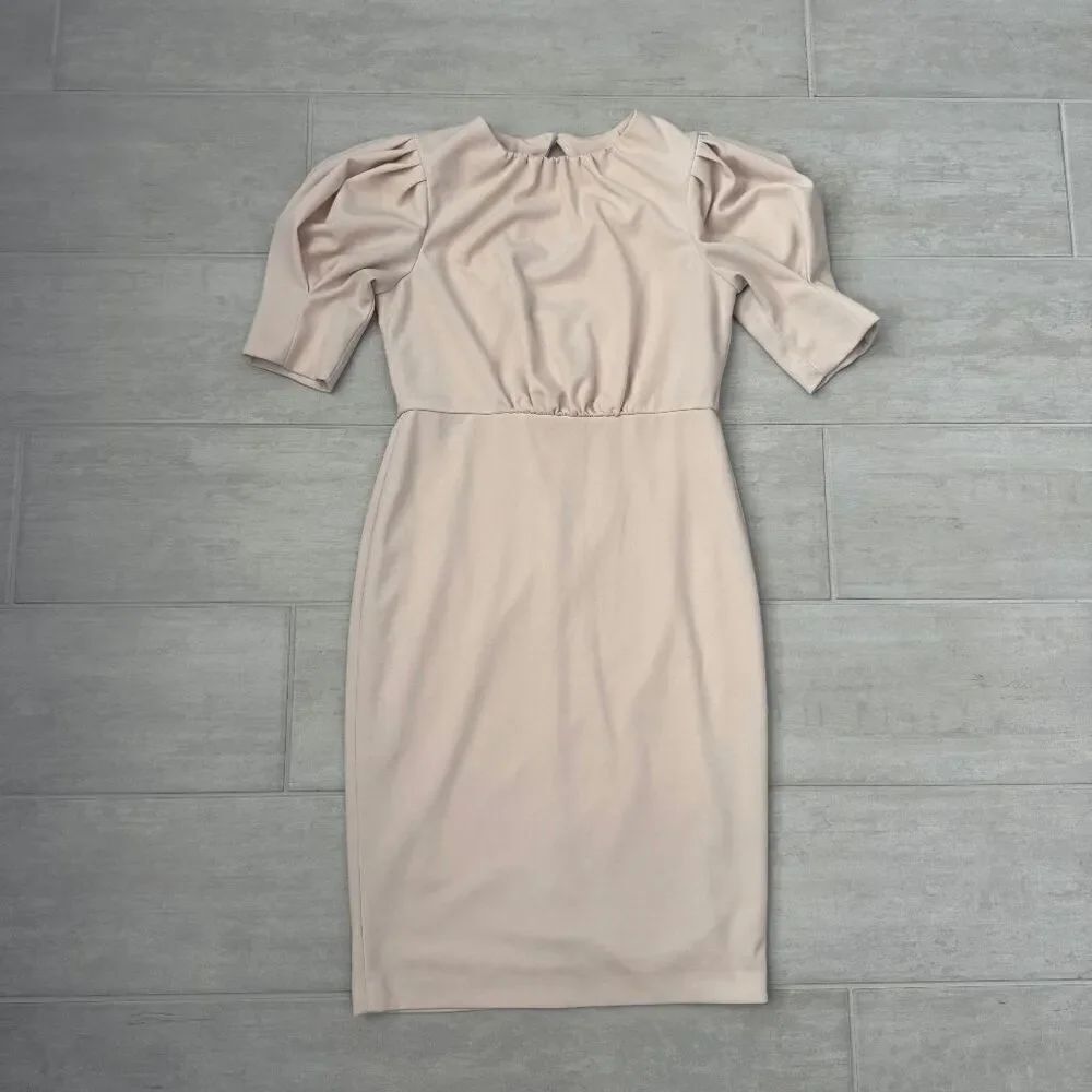 Calvin Klein Ruched Knee Length Midi Dress Blossom Pink Scoop Neck Puff Sleeve 6